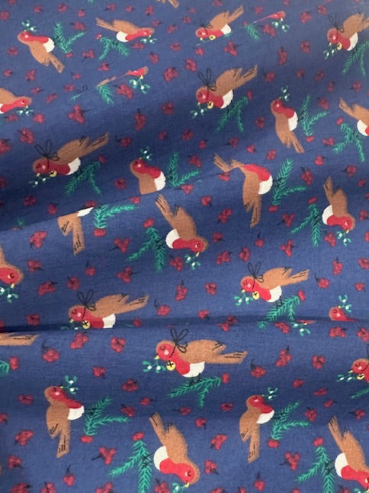 Christmas Robins & Red Berries on Navy Poly/Cotton