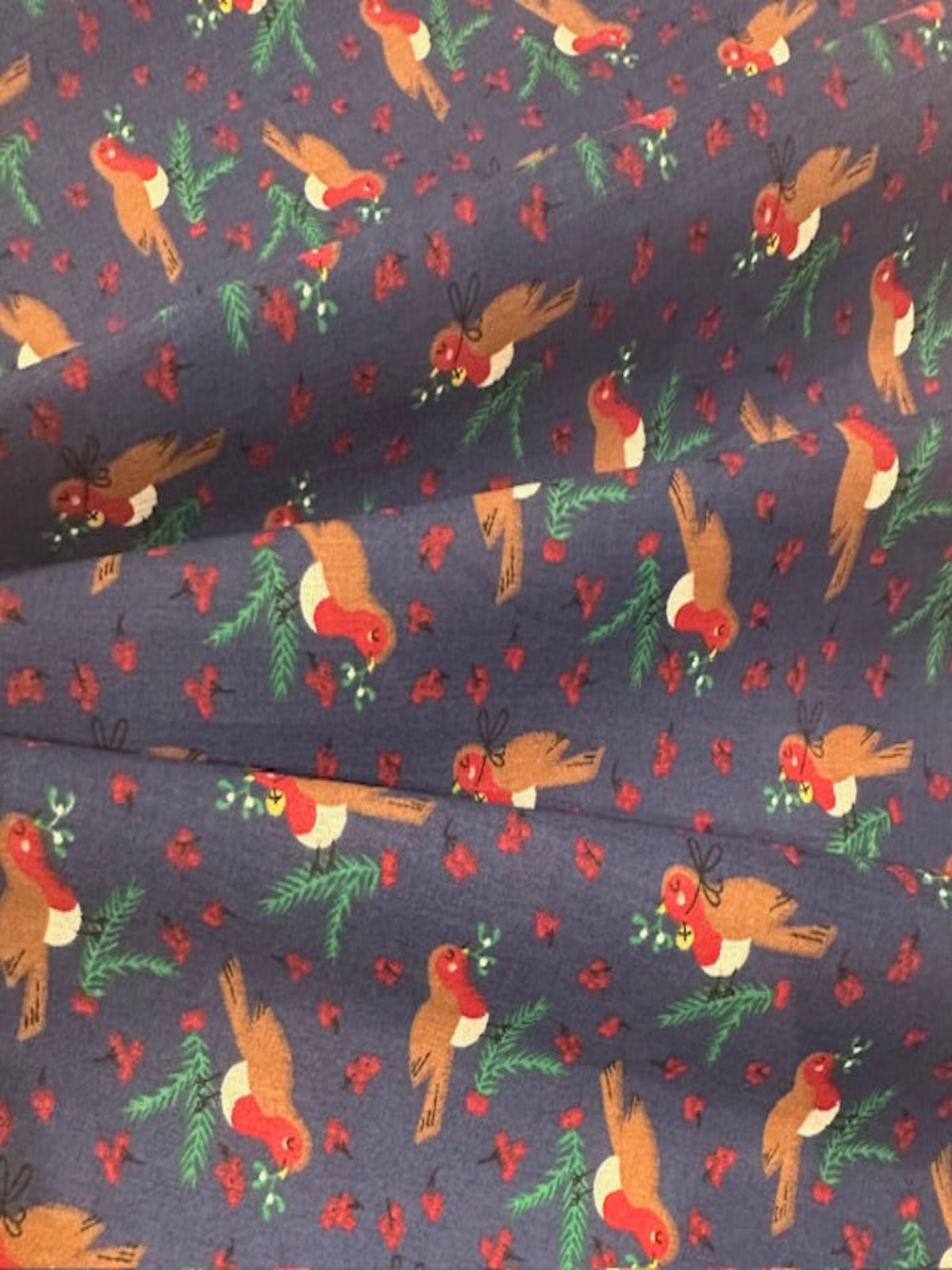 Christmas Robins & Red Berries on Navy Poly/Cotton