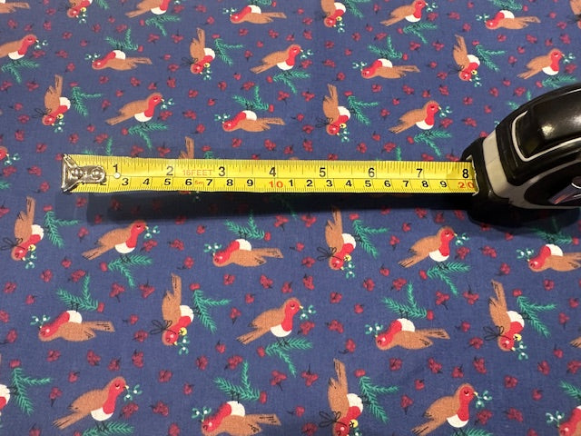 Christmas Robins & Red Berries on Navy Poly/Cotton