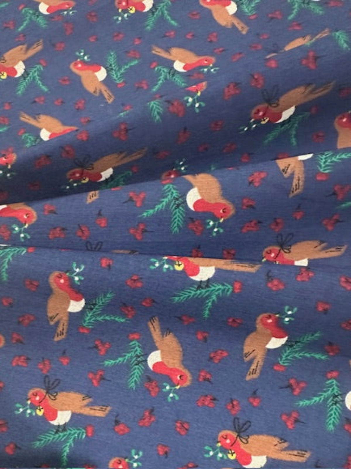 Christmas Robins & Red Berries on Navy Poly/Cotton