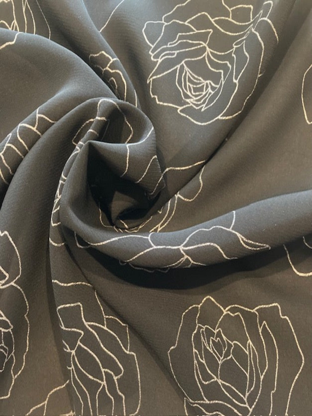 Sketchy Rose on Black Crepe De Chine