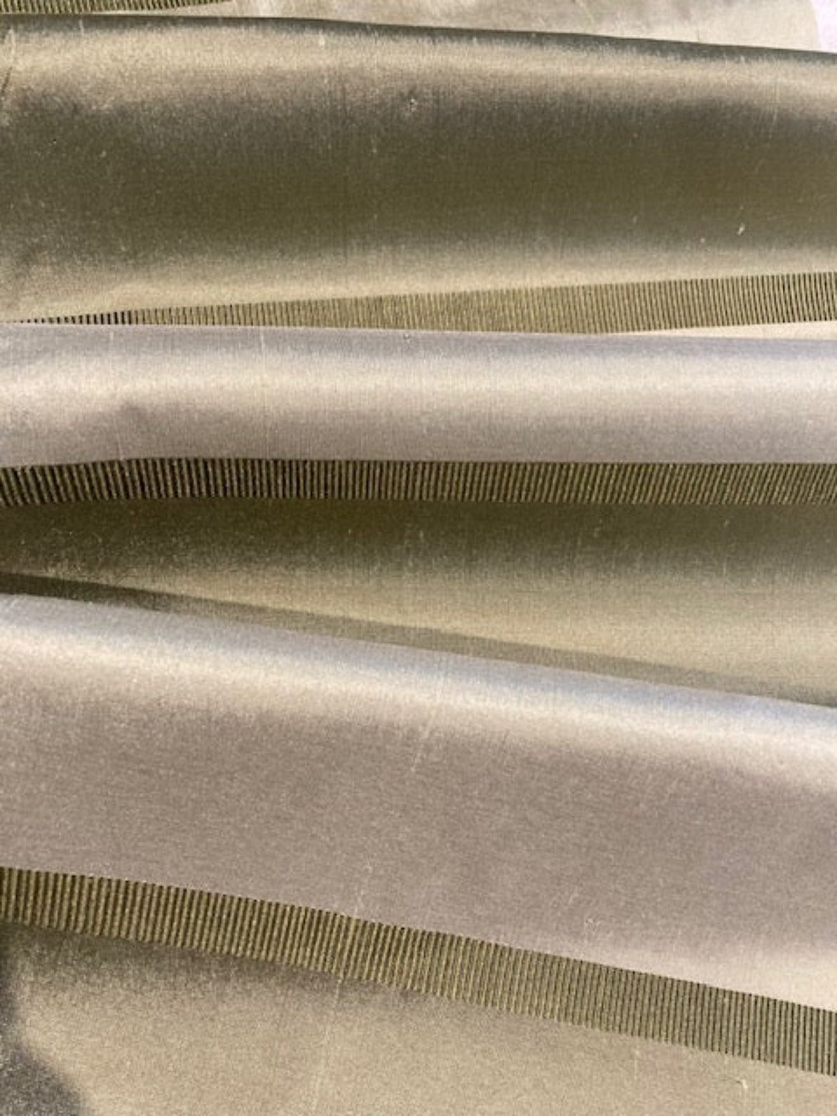 Sage Green Silk Dupion Irridescent Stripe with Ribboned Stripe running along the Fabric