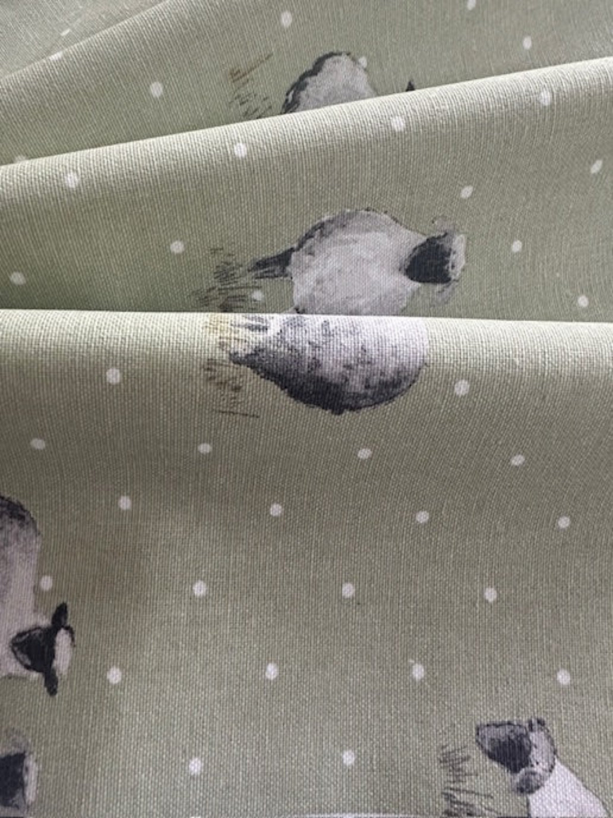 Sheep on Spotted Sage Green Cotton Furnishing