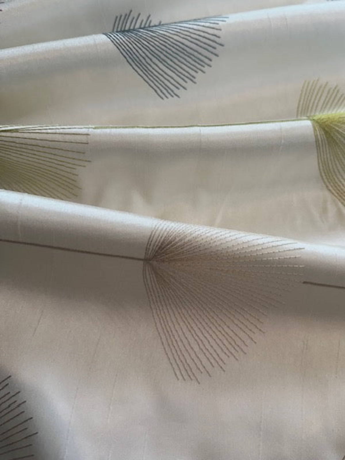 Teal/Lime Fan Plant Embroidery on Ivory Dupion