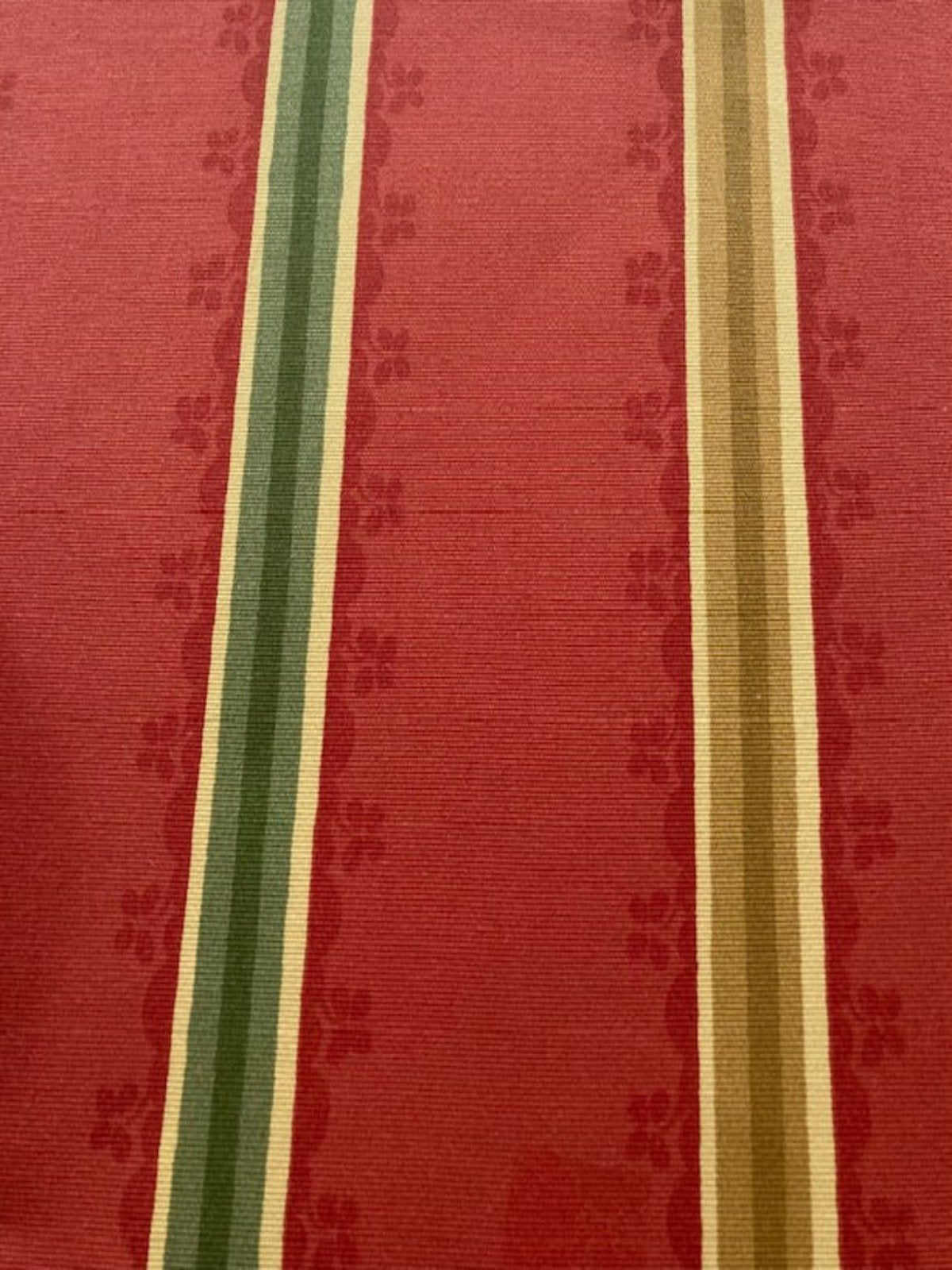 Yellow & Green Stripe on Terracotta Red Cotton – “Zoffany Florette Stripe”