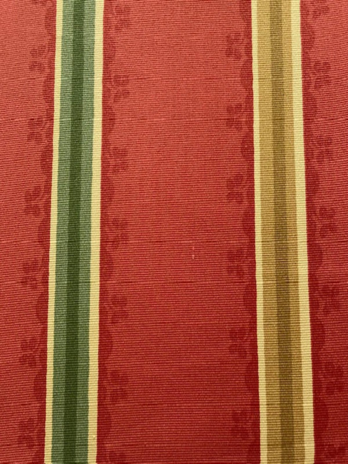 Yellow/Green Stripe on Terracotta Red Cotton. "Zoffany-Florette Stripe