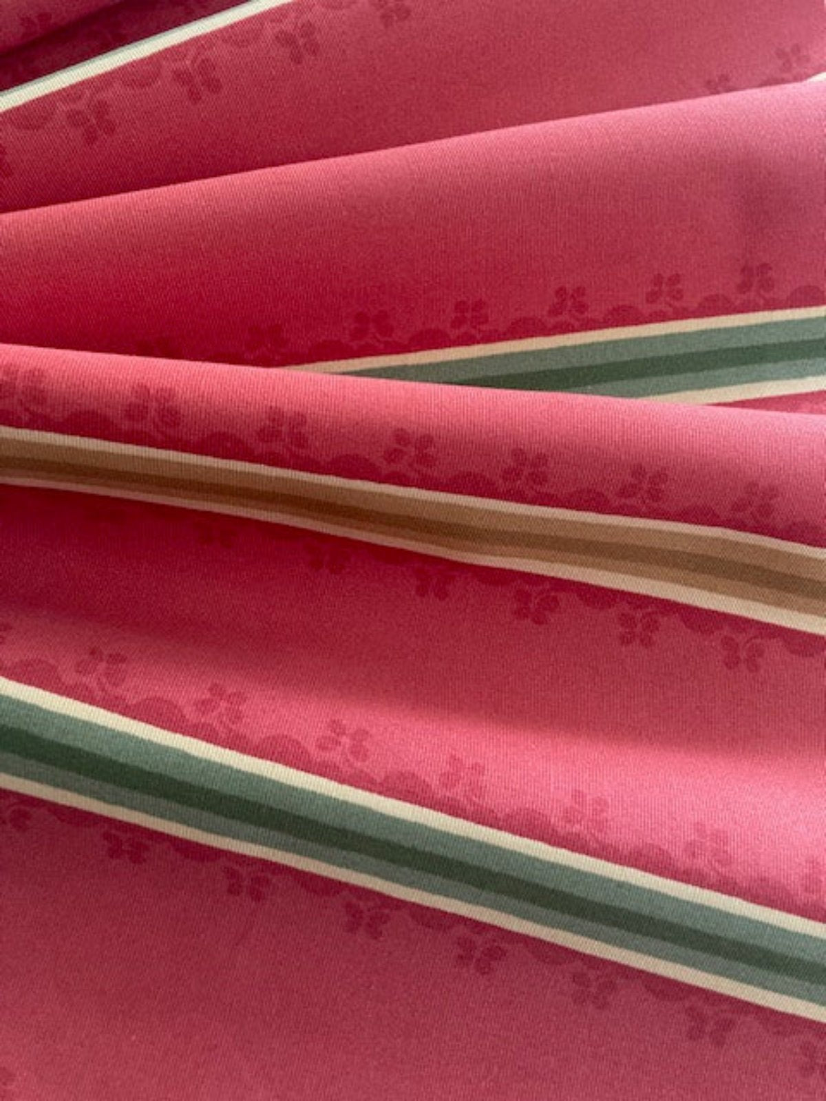 Yellow & Green Stripe on Terracotta Red Cotton – “Zoffany Florette Stripe”