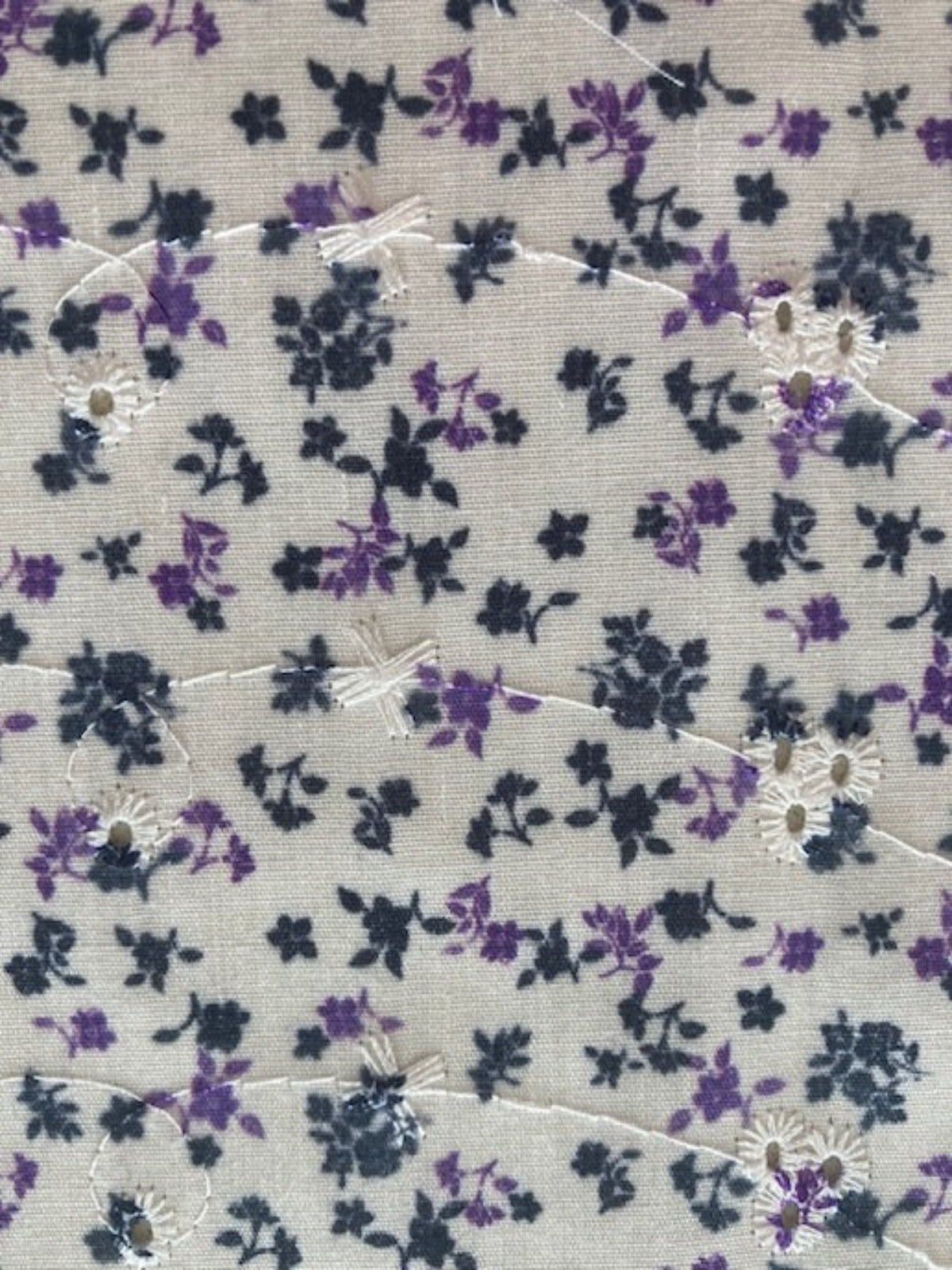 Violet/Black Ditsy on Embroidered Broderie Anglais, Cotton Feel