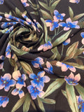 Wedgewood Blue Flowers/Green Leaves on Black Jersey