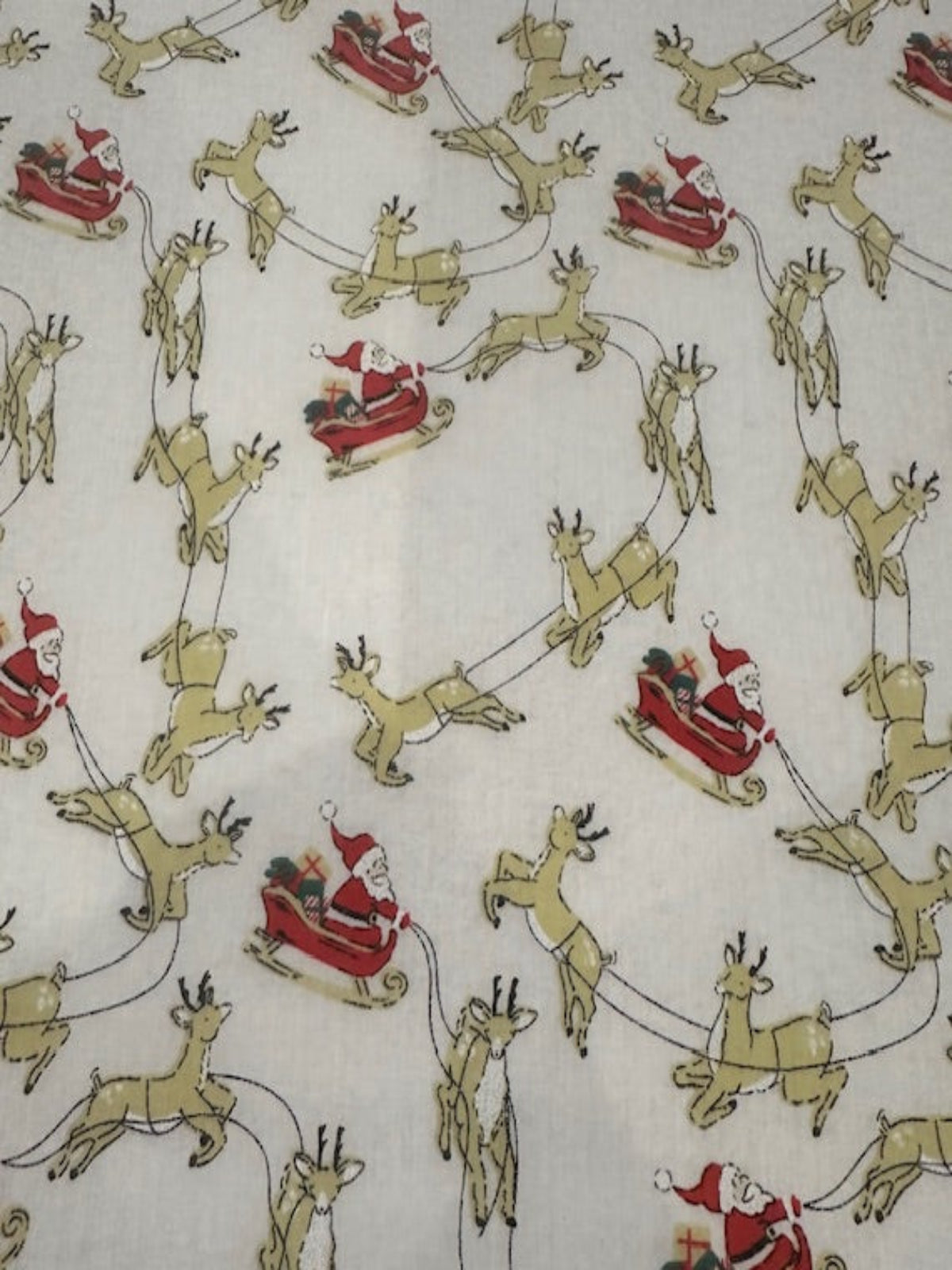 Santa Sleigh & Reindeer on White Poly/Cotton