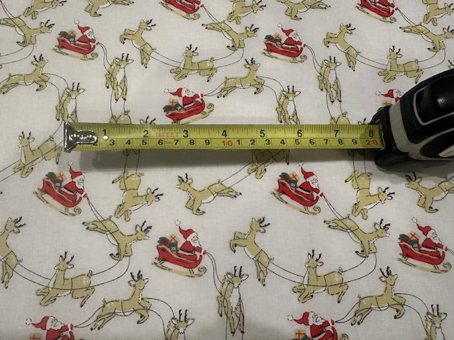 Santa Sleigh & Reindeer on White Poly/Cotton