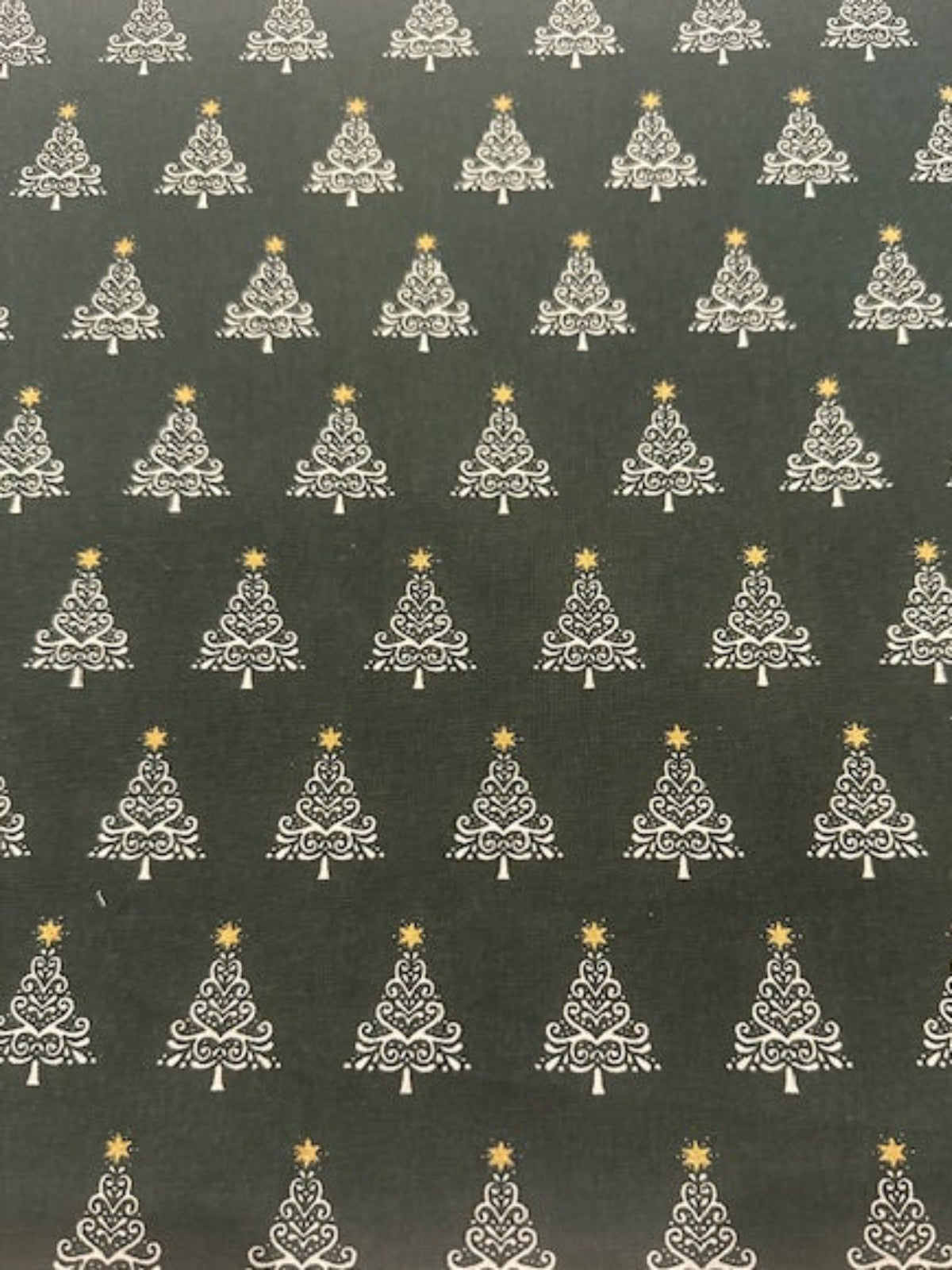 White Christmas Trees on Dark Green Cotton
