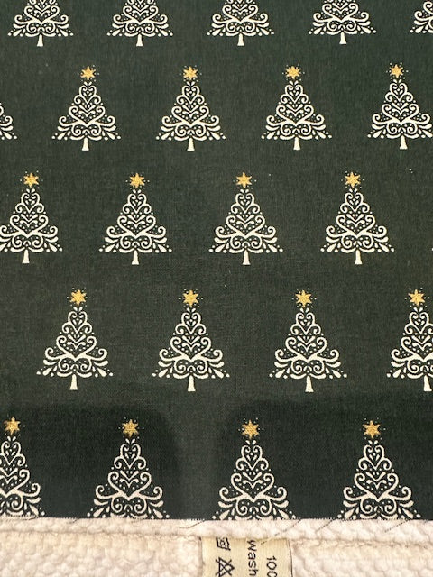 White Christmas Trees on Dark Green Cotton