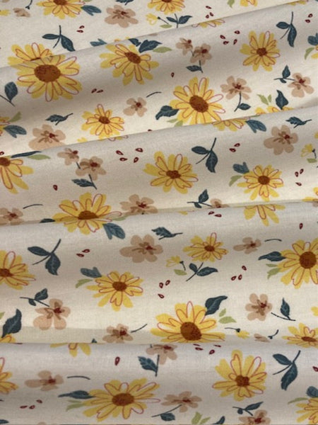 Yellow Overprinted Daises on White Cotton Lawn