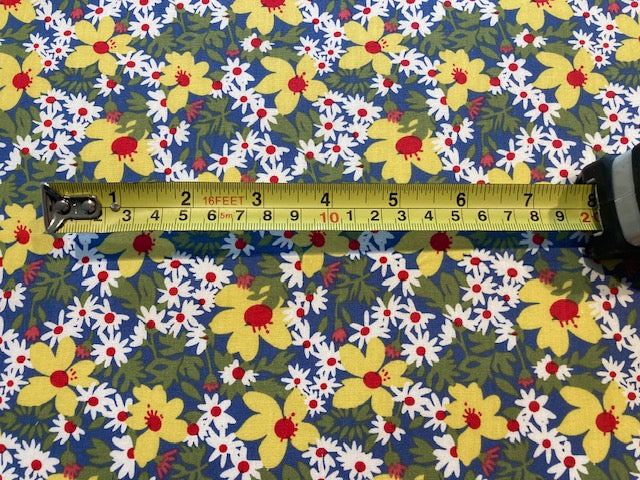 Yellow Flowers on Blue Cotton Lawn – Fresh & Vibrant