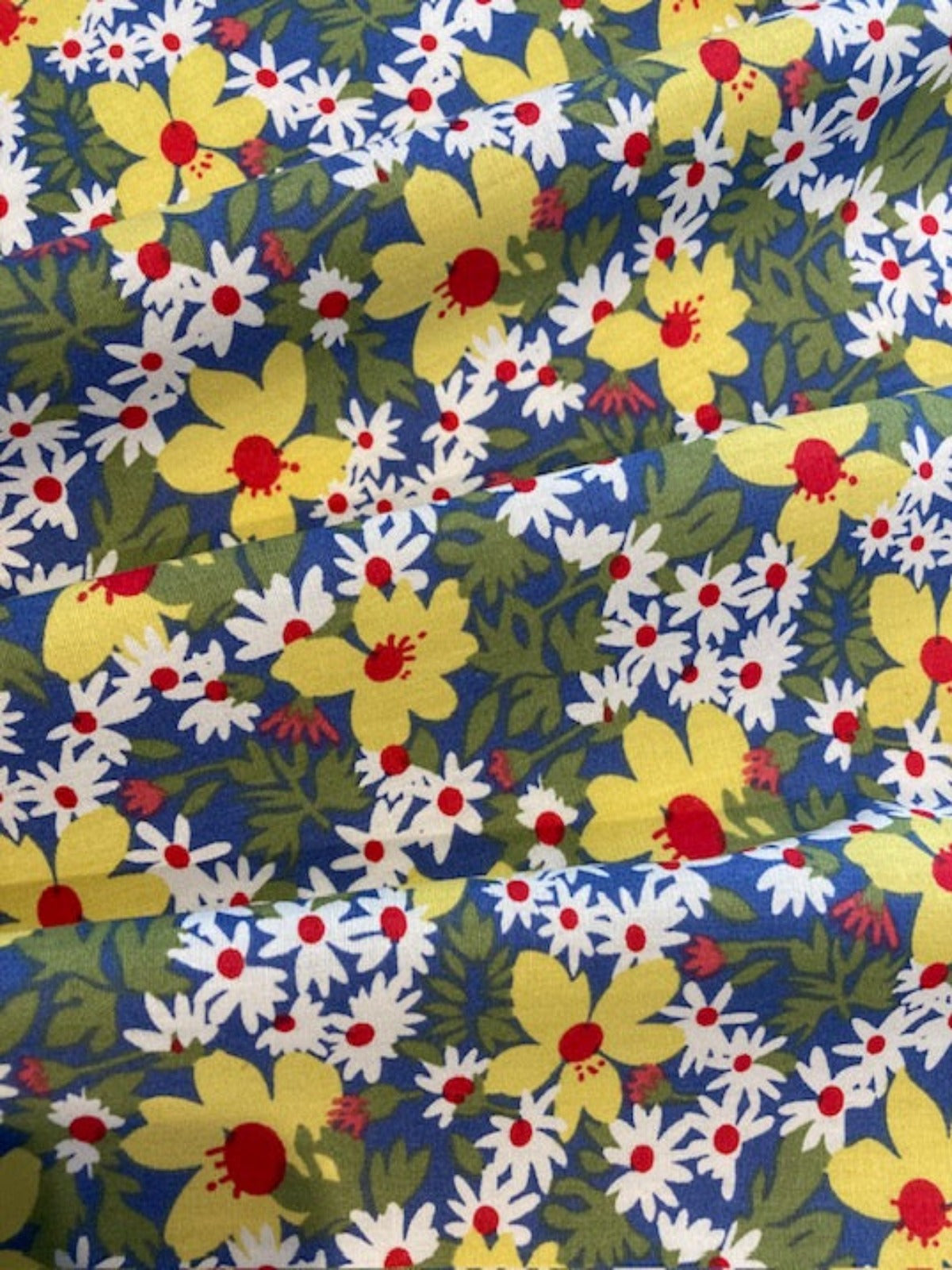 Yellow Flowers on Blue Cotton Lawn – Fresh & Vibrant