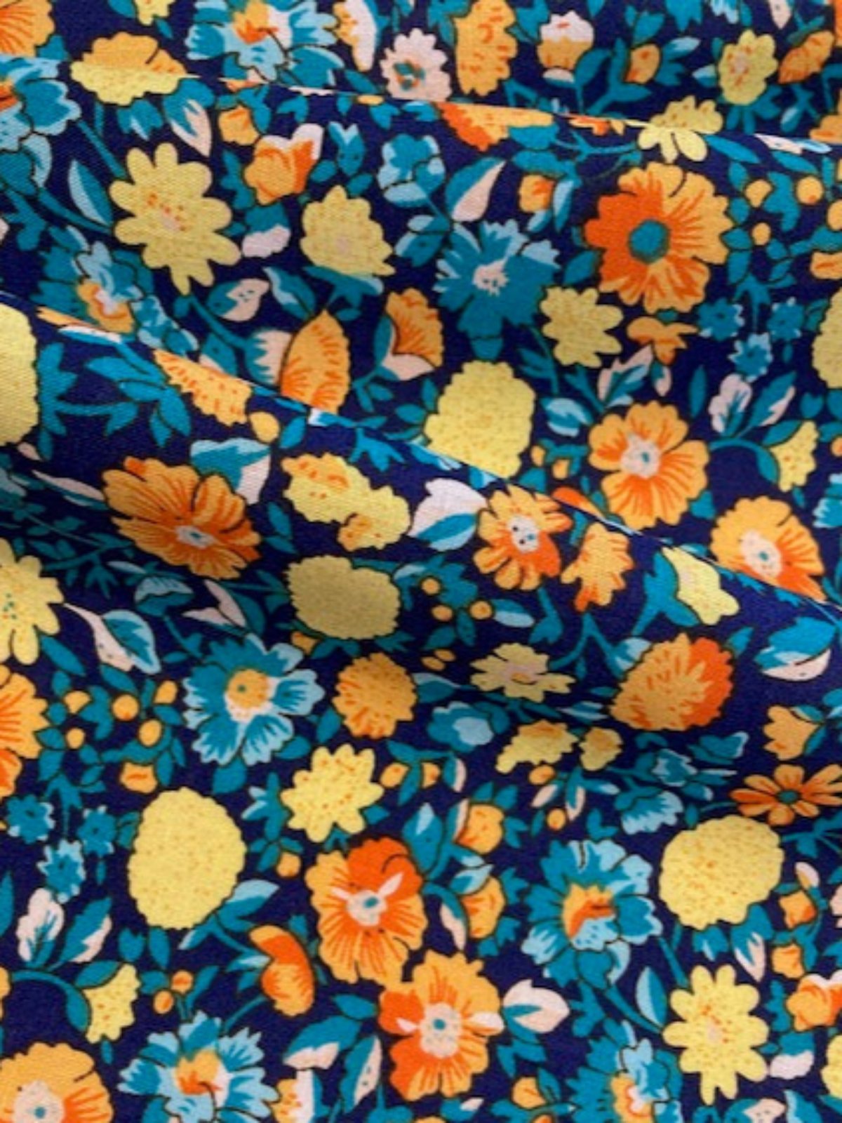 Yellow/Orange Floral on Turquoise/Navy Cotton Lawn 