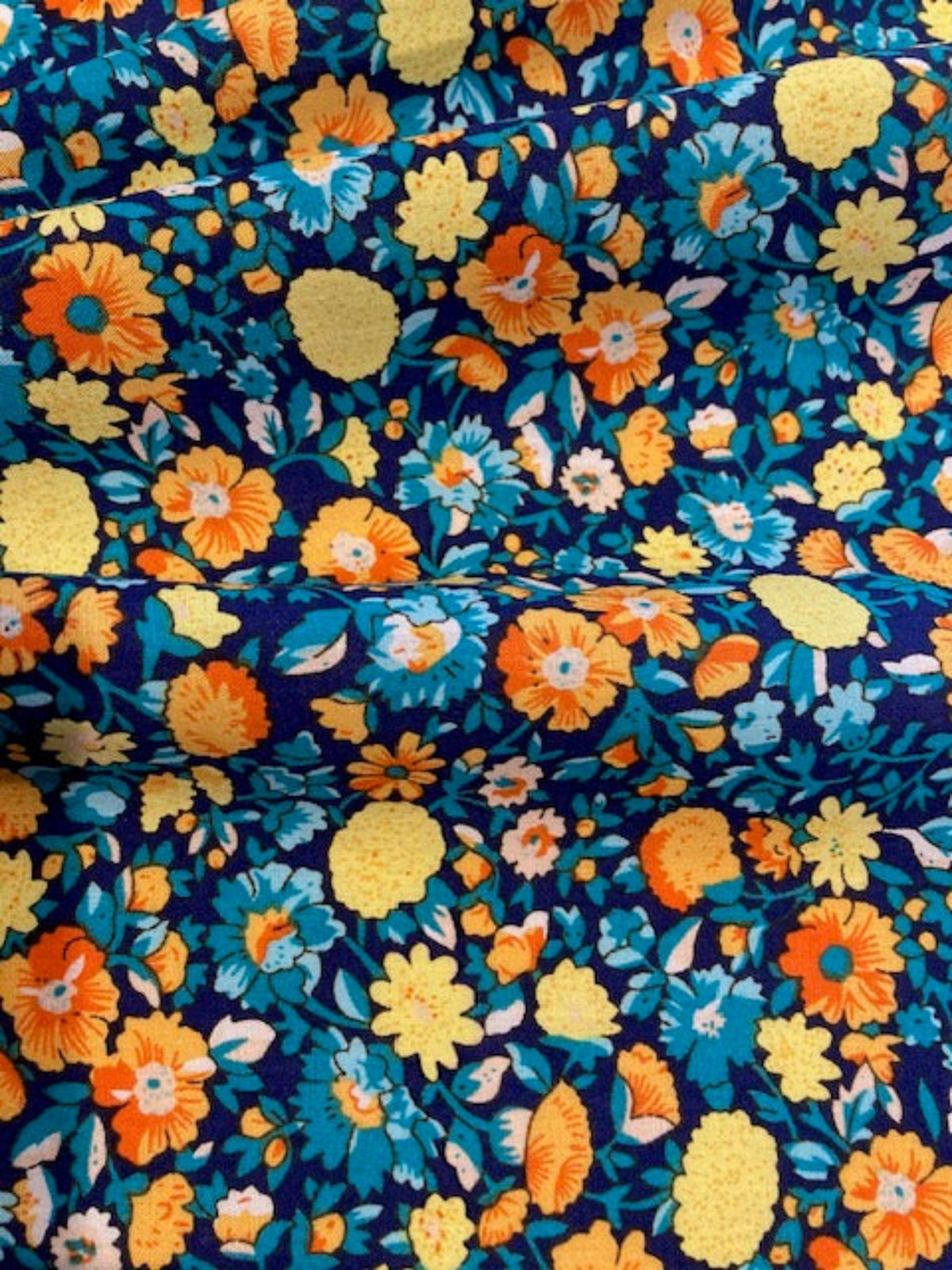 Yellow/Orange Floral on Turquoise/Navy Cotton Lawn 