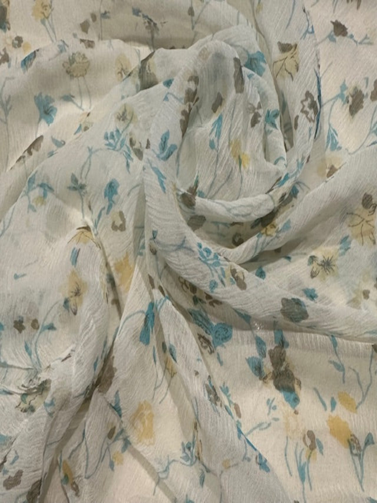Turquoise/Lemon Trailing Flower Print on Yoryu Silk Chiffon
