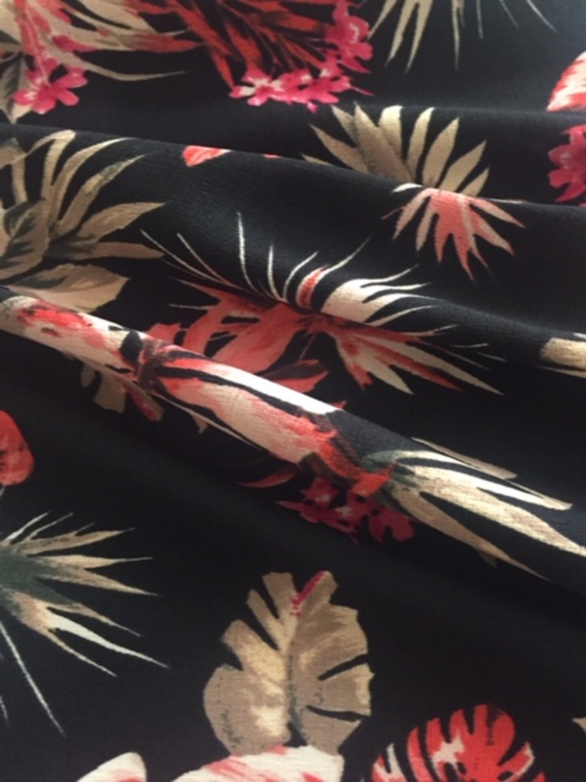 Cerise Flower & Fern on Black Woven Slub Base