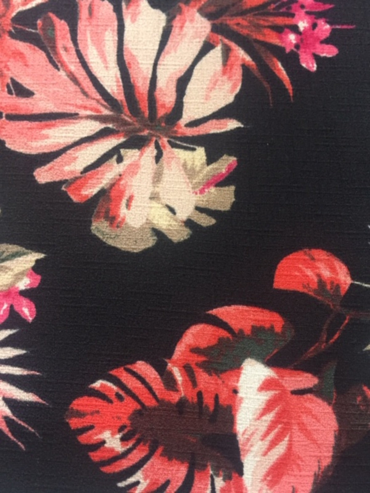 Cerise Flower & Fern on Black Woven Slub Base