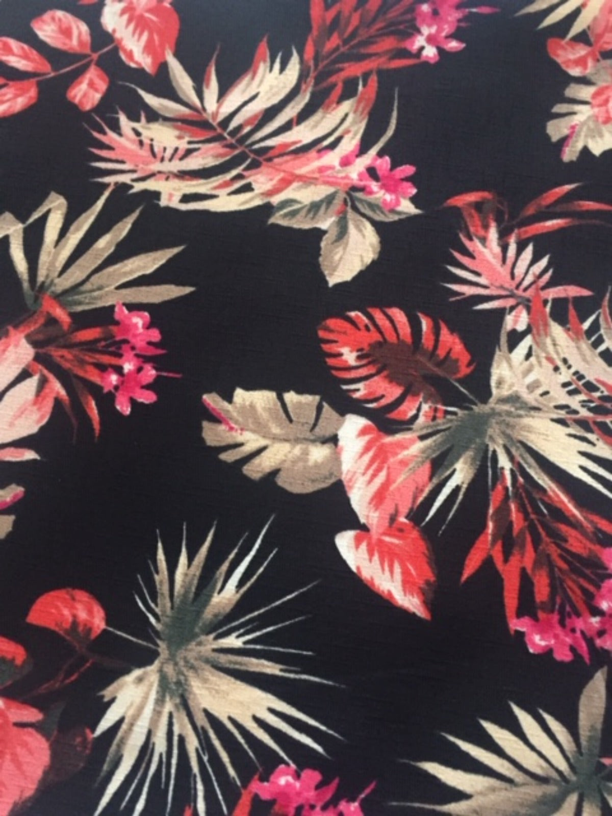 Cerise Flower & Fern on Black Woven Slub Base