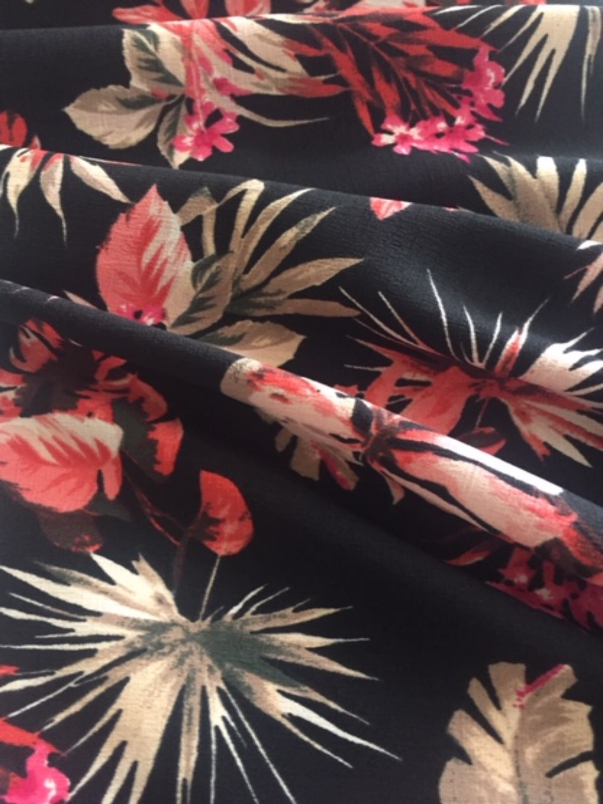 Cerise Flower & Fern on Black Woven Slub Base