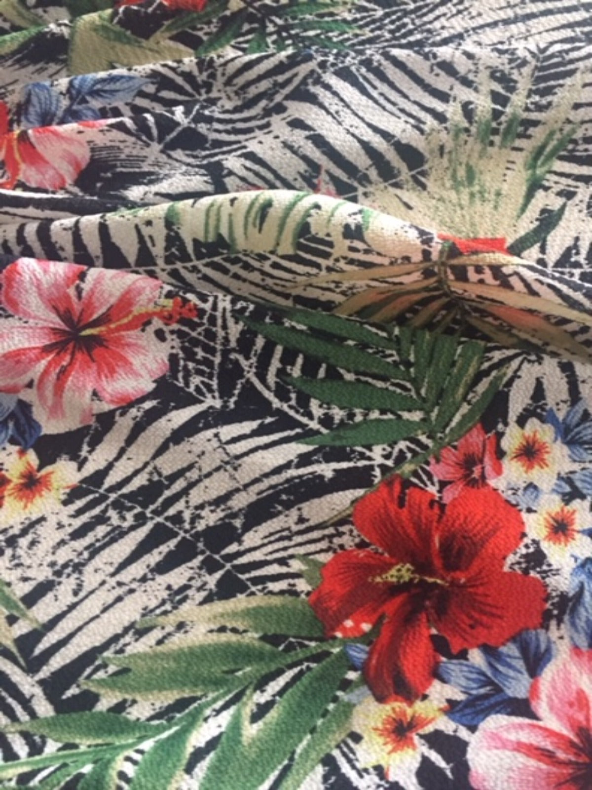 Tropical Flowers on Black Fern Print on Bubble Crepe