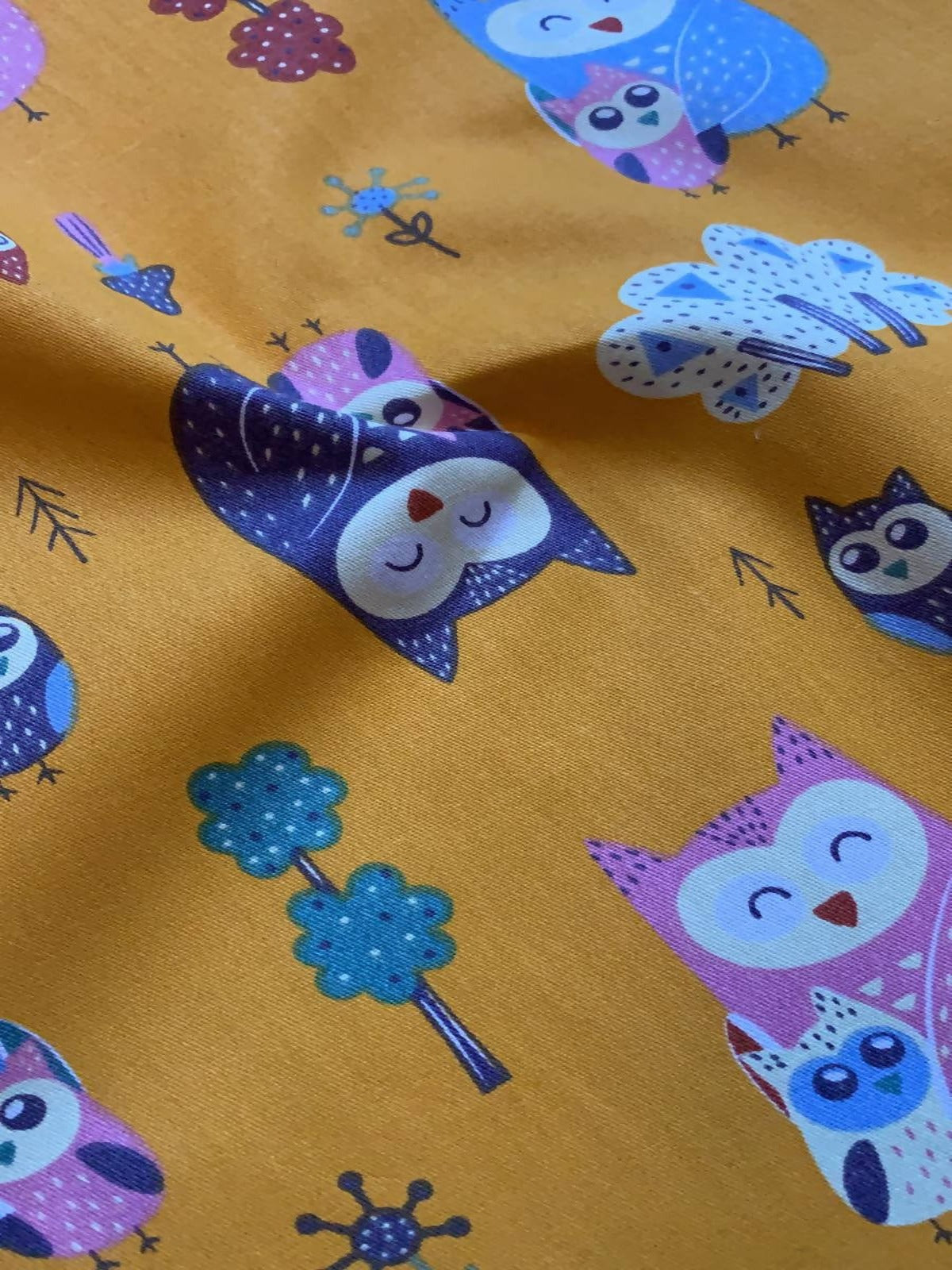 Owl print on Orange Cotton Sateen - Deadstock fabric on AmoThreads