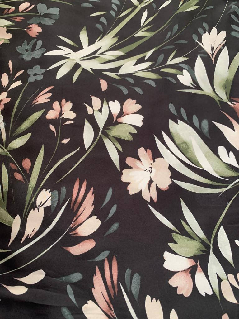 Dusty Pink Flower border print on Black - Deadstock fabric on AmoThreads