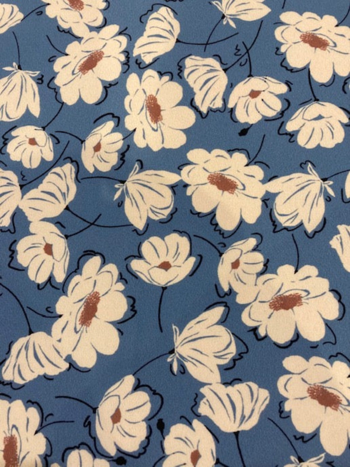 Ivory/Mink Flowers on Sky Blue Crepe De Chine