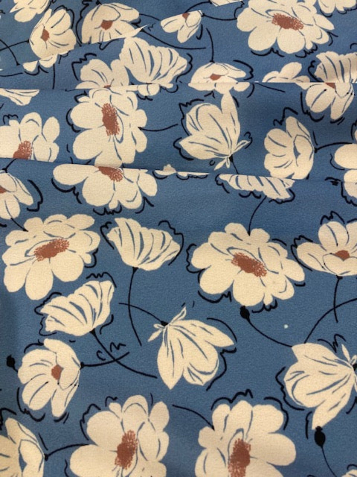 Ivory/Mink Flowers on Sky Blue Crepe De Chine