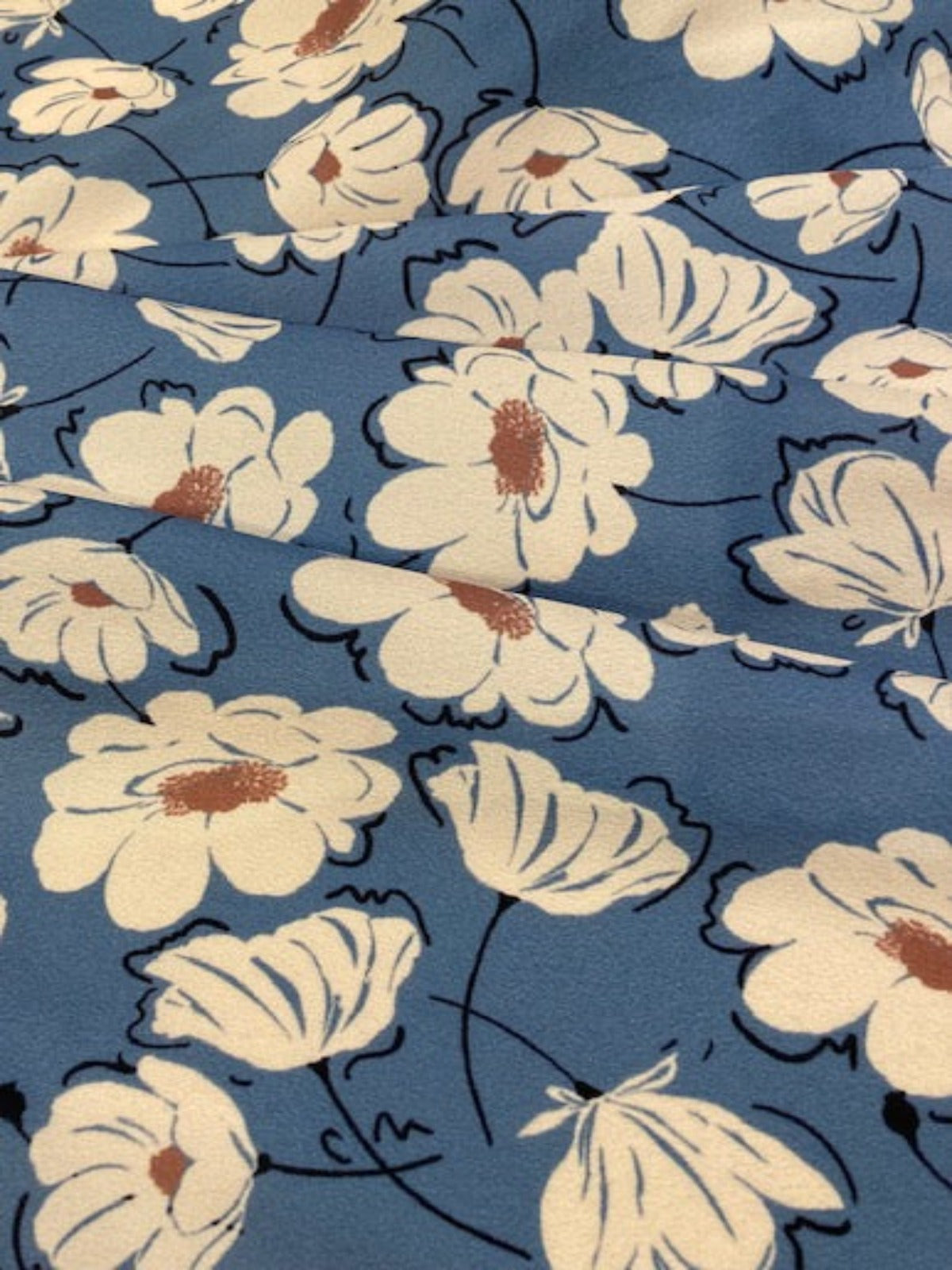 Ivory/Mink Flowers on Sky Blue Crepe De Chine