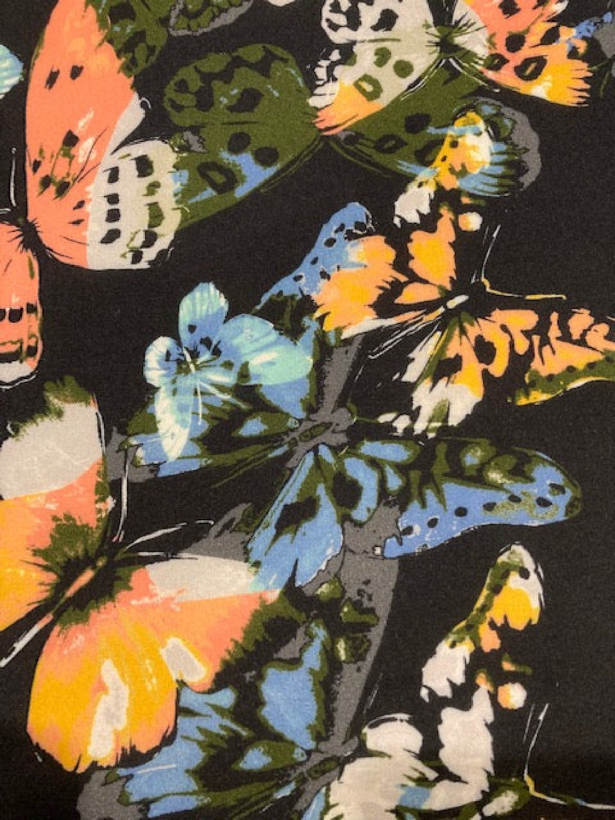 Coral & Green Butterflies on Black Viscose