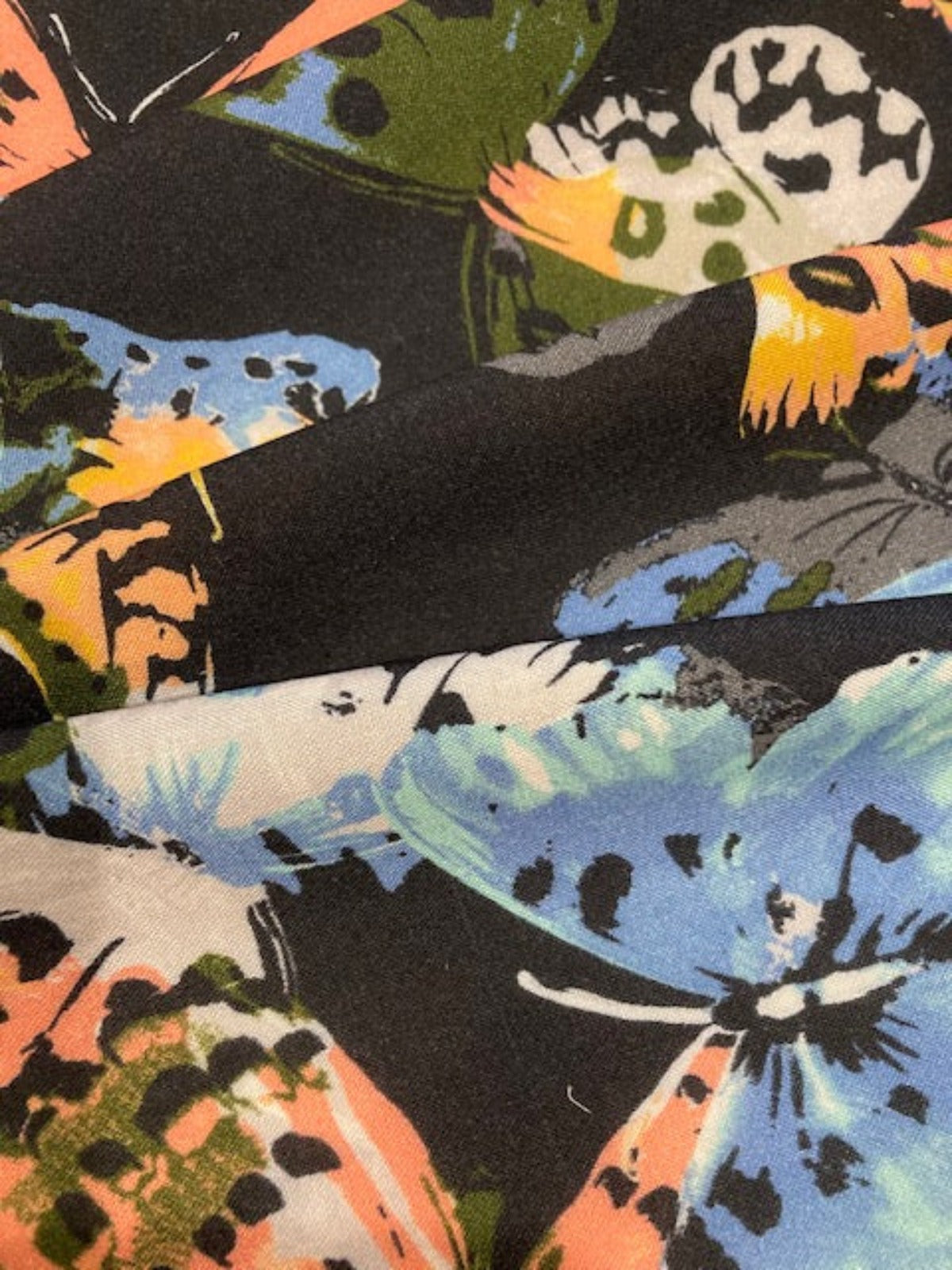 Coral & Green Butterflies on Black Viscose