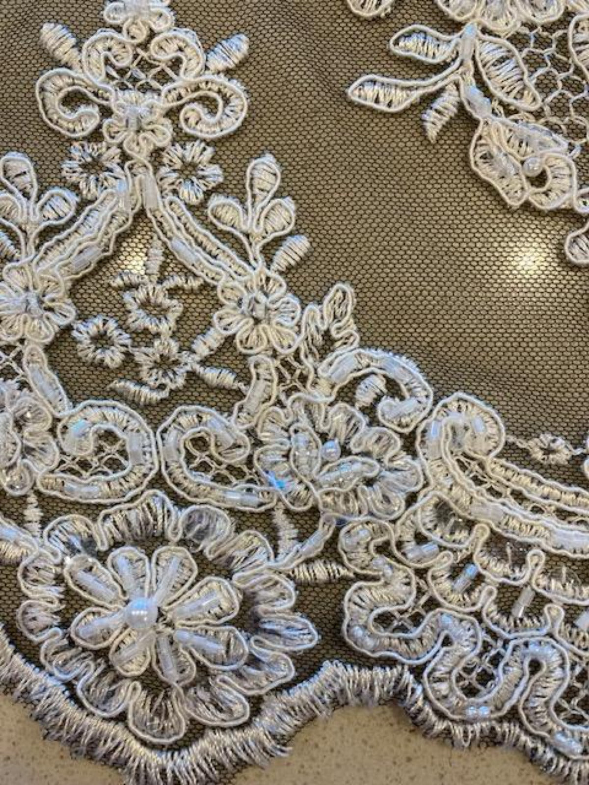 Ivory Beaded & Sequinned Lace Embroidery on Black Tulle