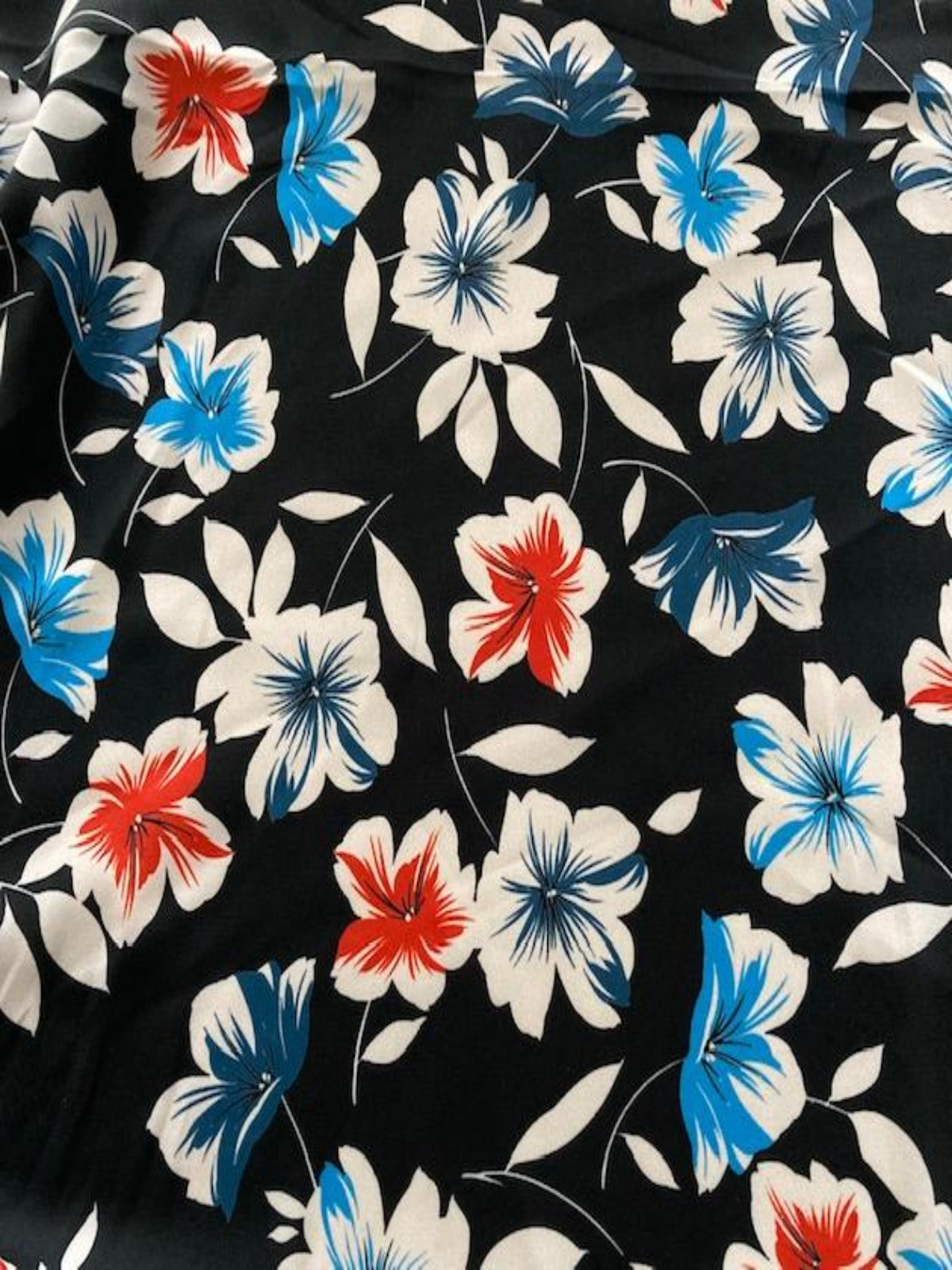 Blue / Red Flowers on Black Crepe de Chine
