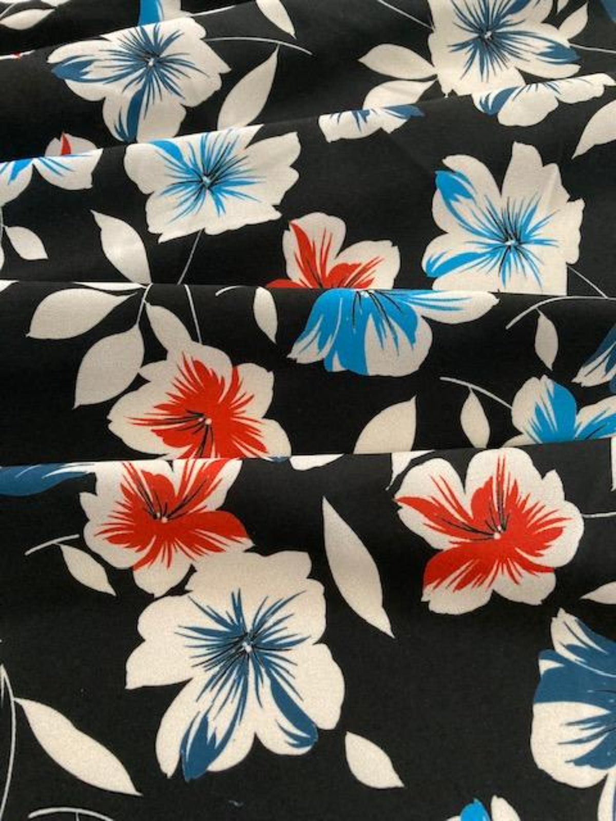 Blue / Red Flowers on Black Crepe de Chine