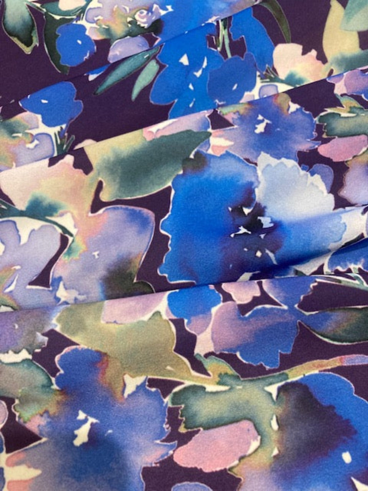 Blue Watercolour Flowers on Plum Silky Satin