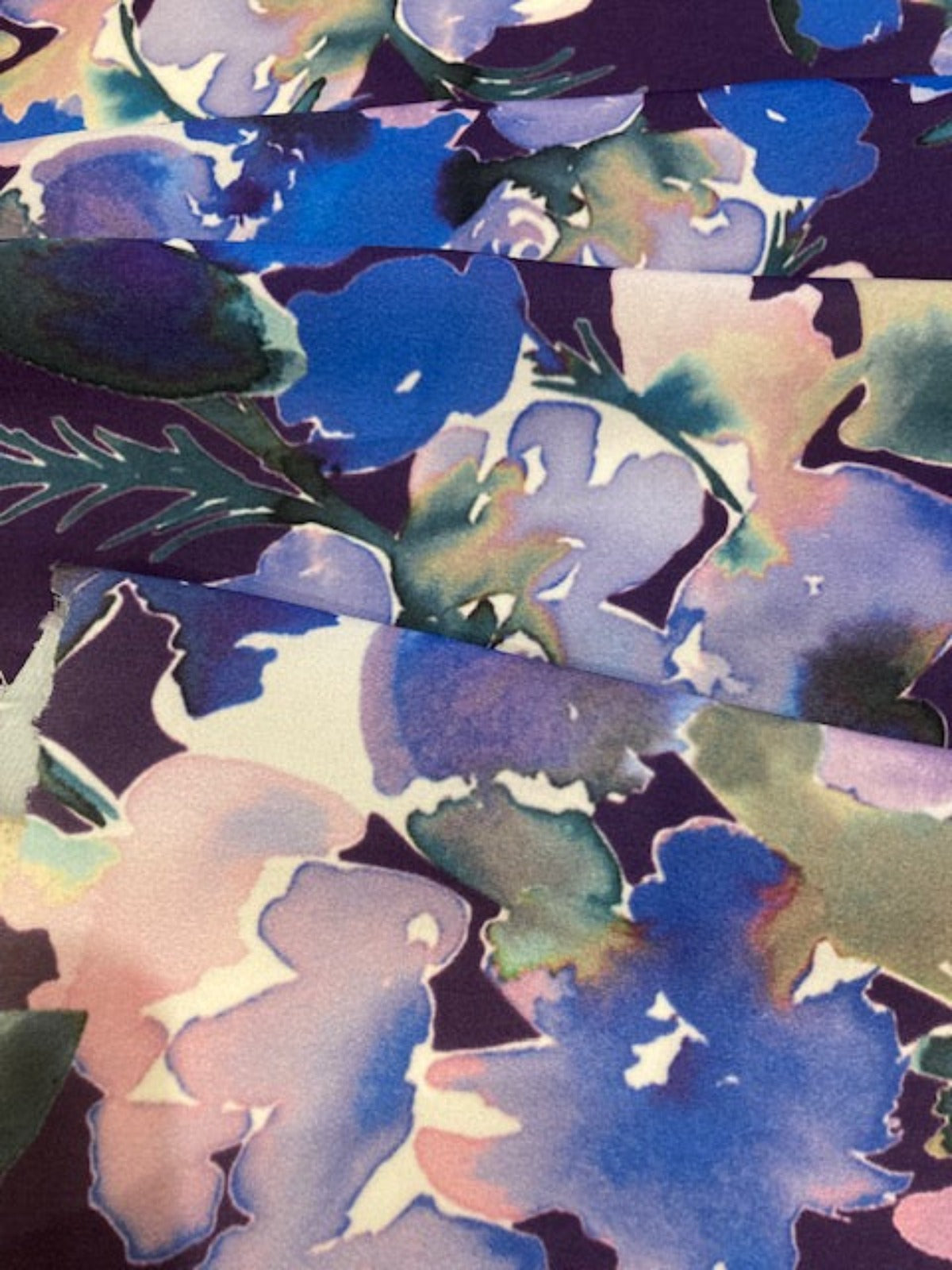 Blue Watercolour Flowers on Plum Silky Satin