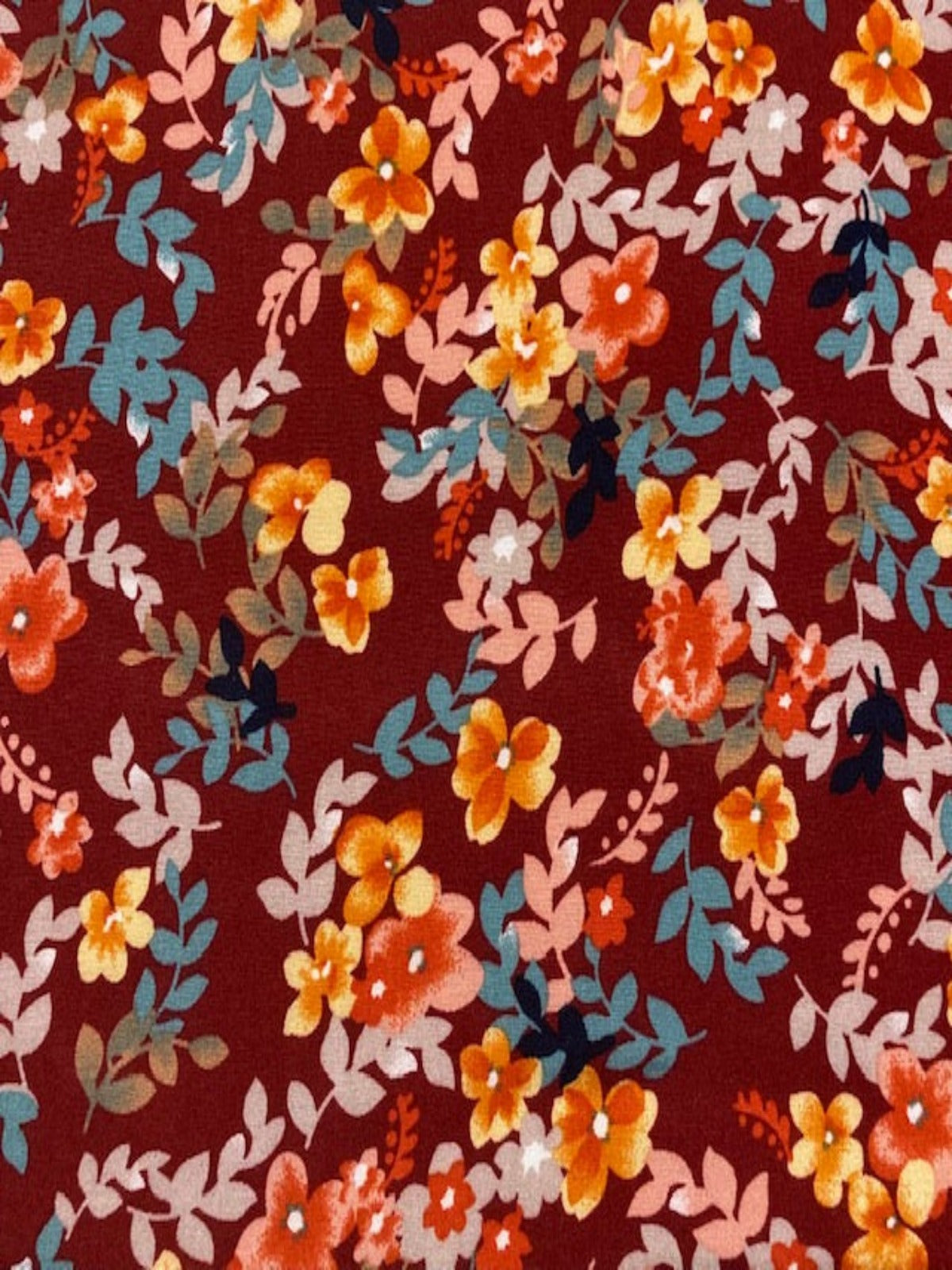 Orange, Pink & Green Floral on Burgundy Viscose – Lightweight & Flowing Fabric