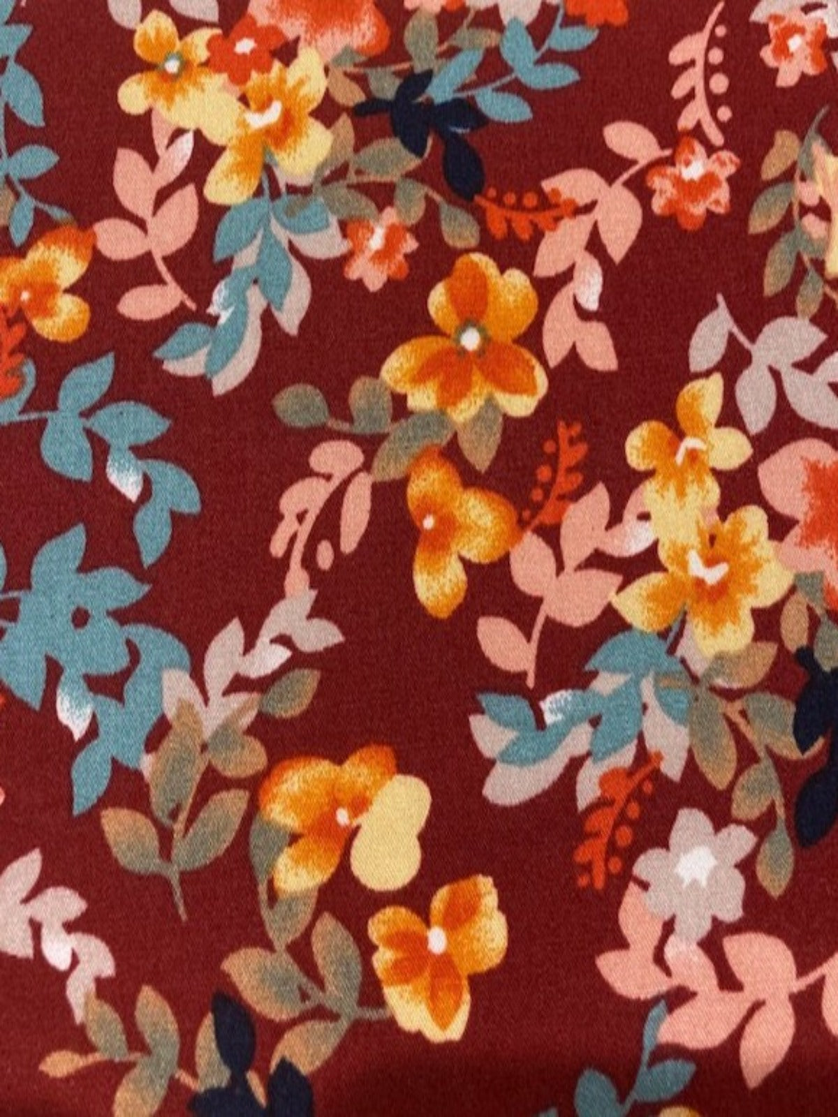 Orange, Pink & Green Floral on Burgundy Viscose – Lightweight & Flowing Fabric