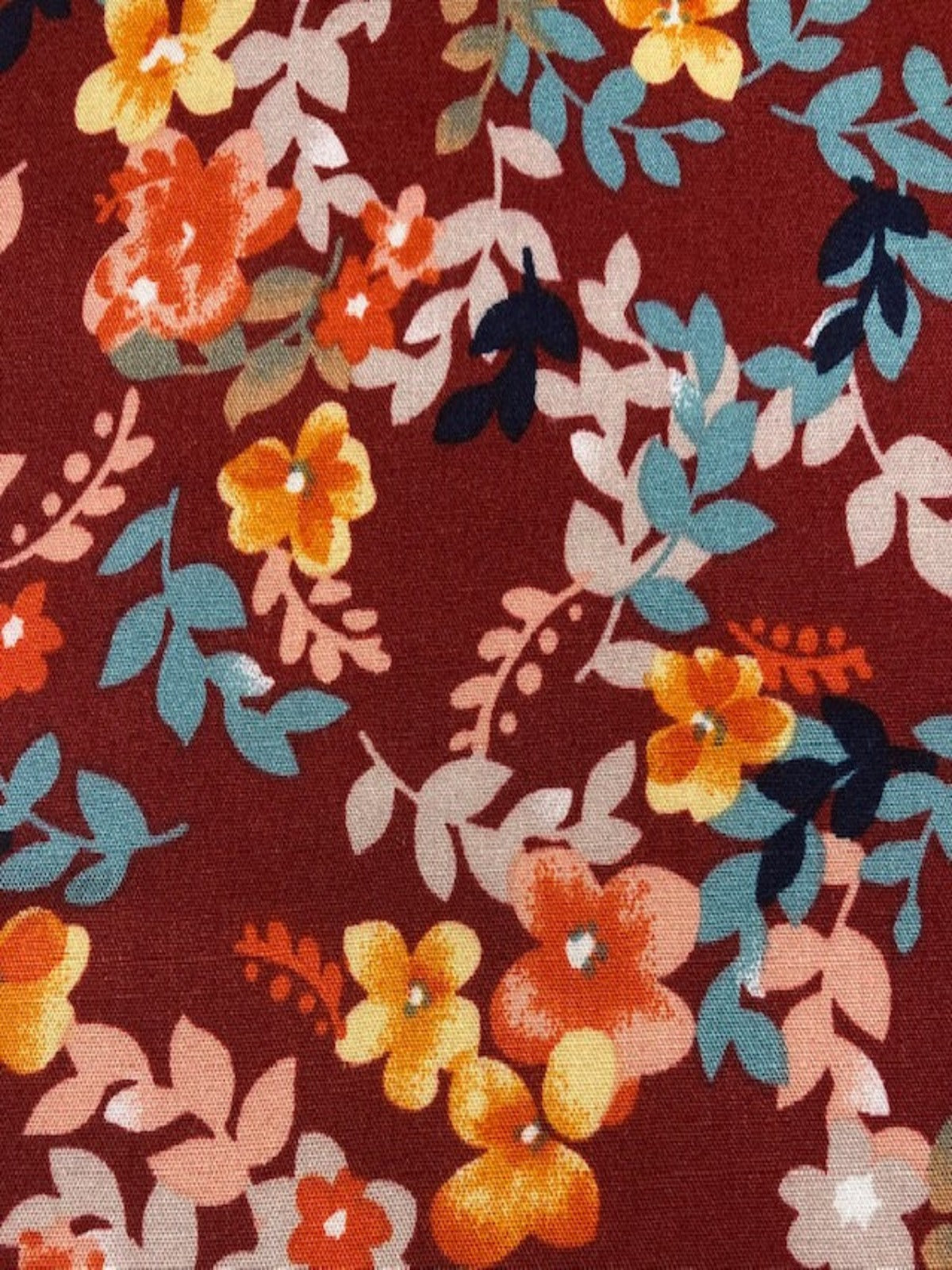 Orange, Pink & Green Floral on Burgundy Viscose – Lightweight & Flowing Fabric