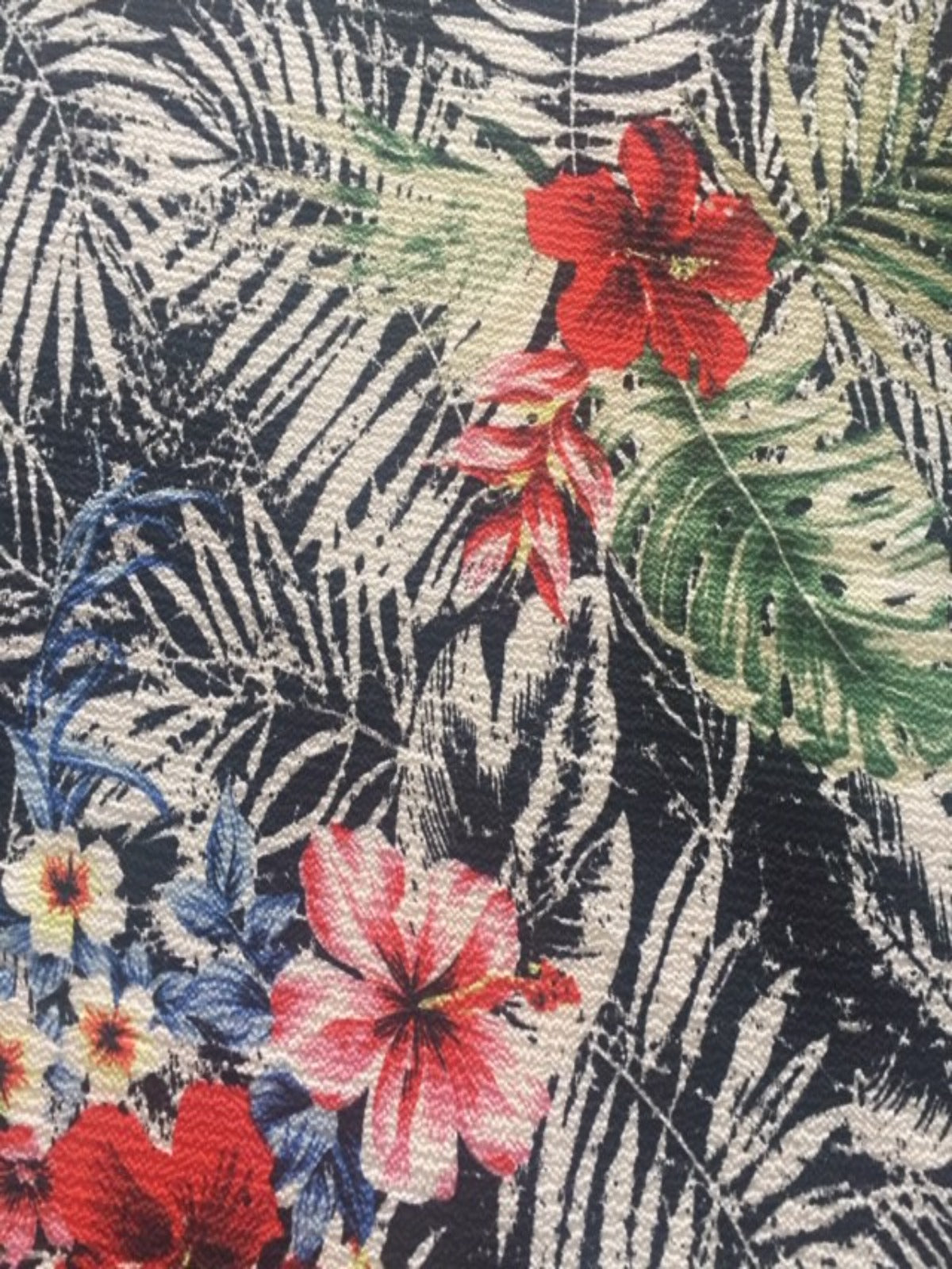 Tropical Flowers on Black Fern Print on Bubble Crepe