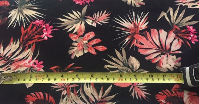 Cerise Flower & Fern on Black Woven Slub Base
