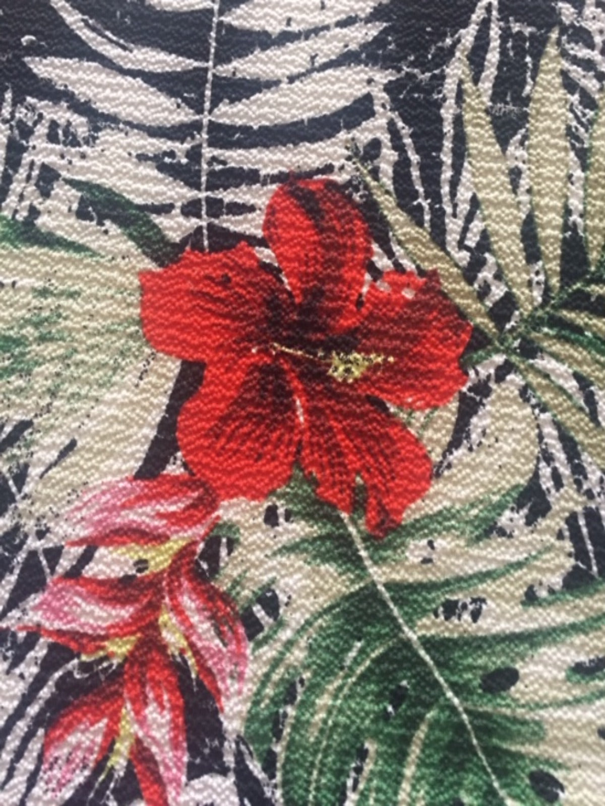 Tropical Flowers on Black Fern Bubble Crepe Fabric