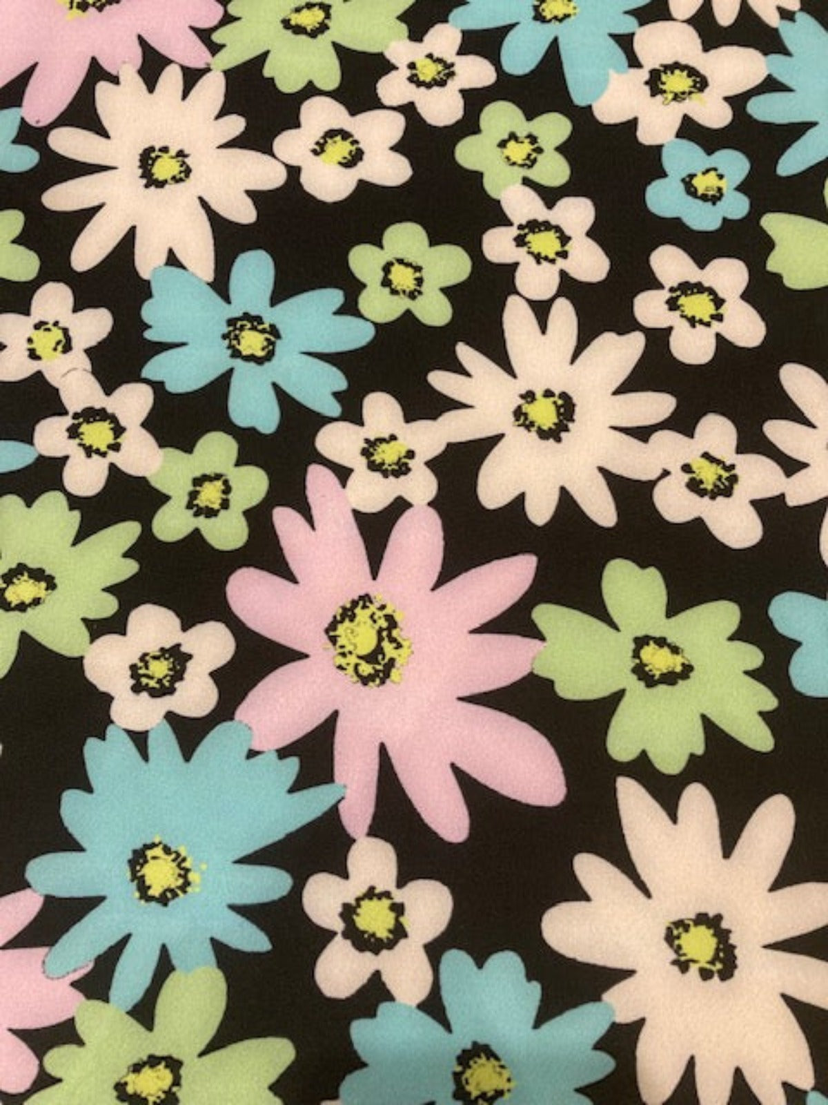 Green, Pink and Turquoise Daisies on Black Crepe Jersey
