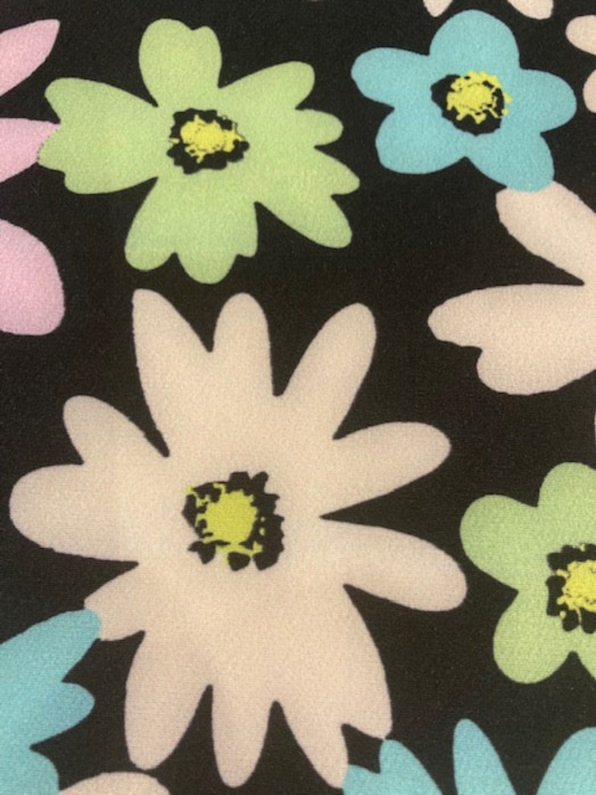 Green, Pink and Turquoise Daisies on Black Crepe Jersey
