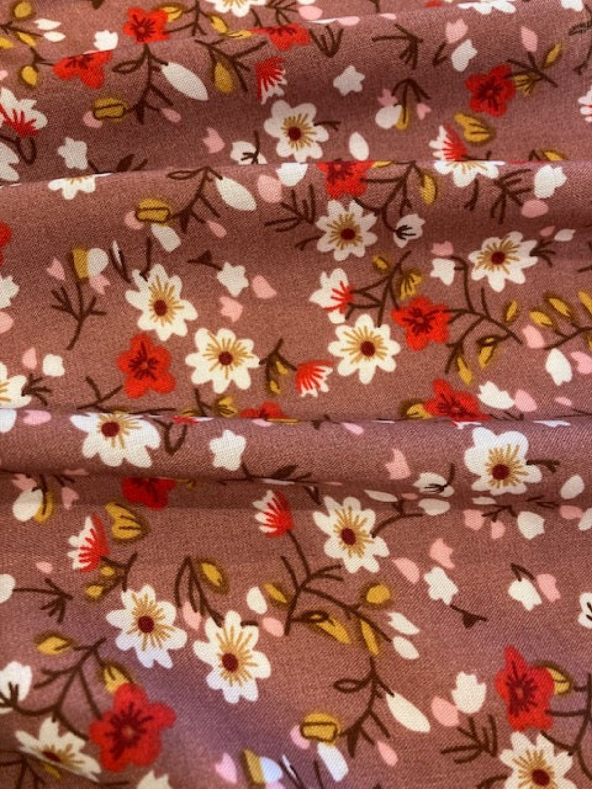 Red/ White Flowers on Deep Rose Viscose