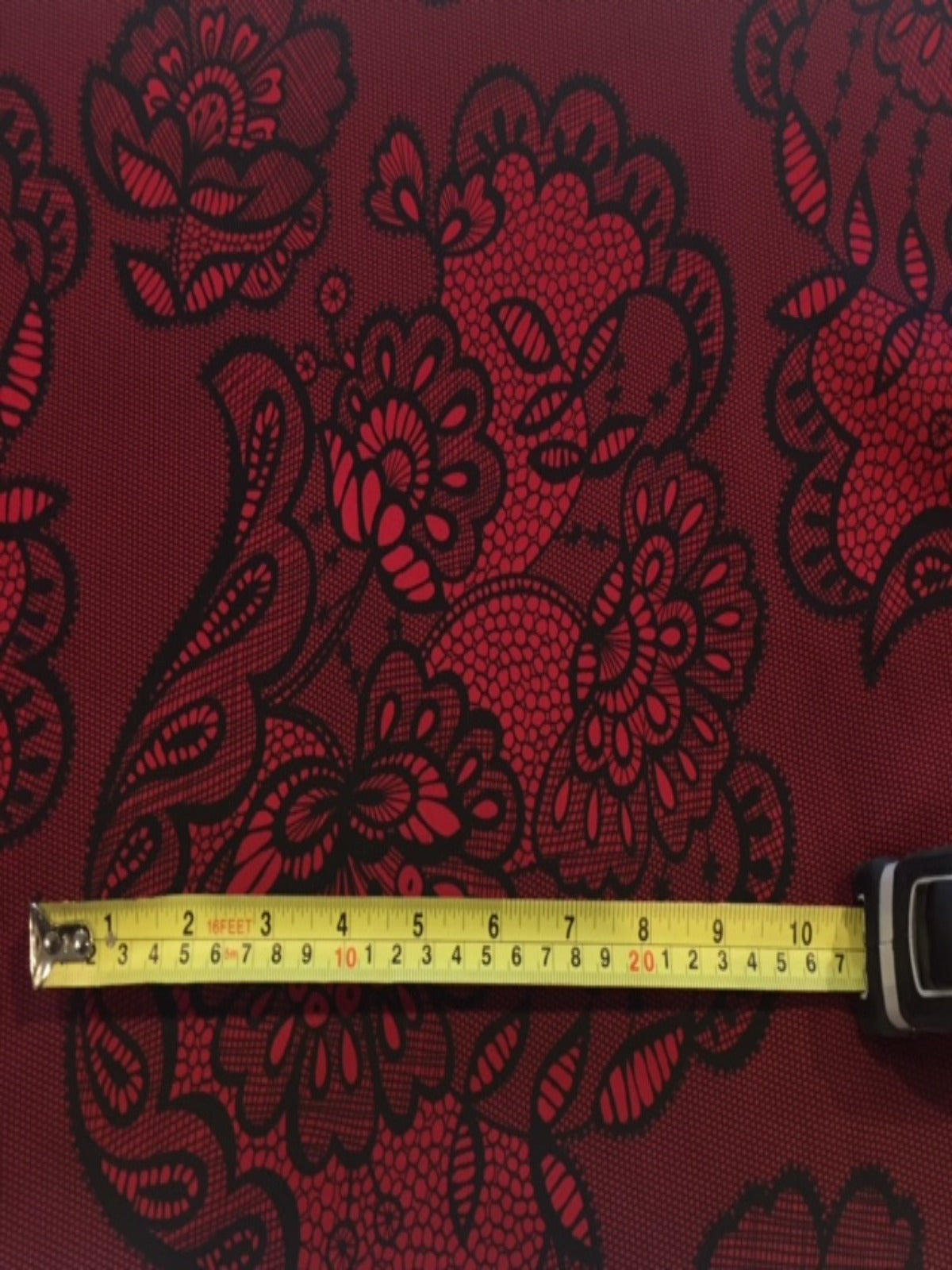 Red / Black Lace Look Print on stretch woven - Deadstock fabric on AmoThreads